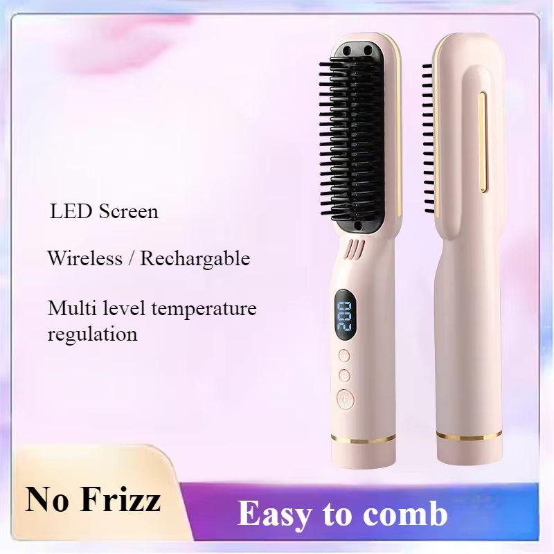 Wireless Negative Ion Hair Straightener Comb 2-in-1 Rechargeable Hair Styling Brush with LED Display