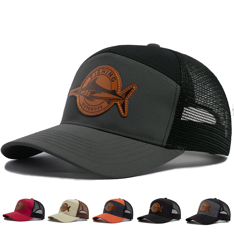 Shark Leather Label Men Baseball Cap, Casual Trucker Hat 7 Panel Style, Fashion Hip Hop Mesh Caps, Summer Visor Hats