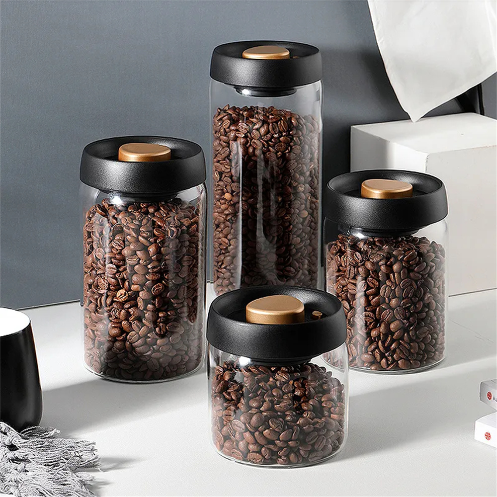 Coffee Beans Vacuum Sealed Tank, Household Glass Food Storage Tank Moisture Proof Air Extraction Transparent Tea Storage