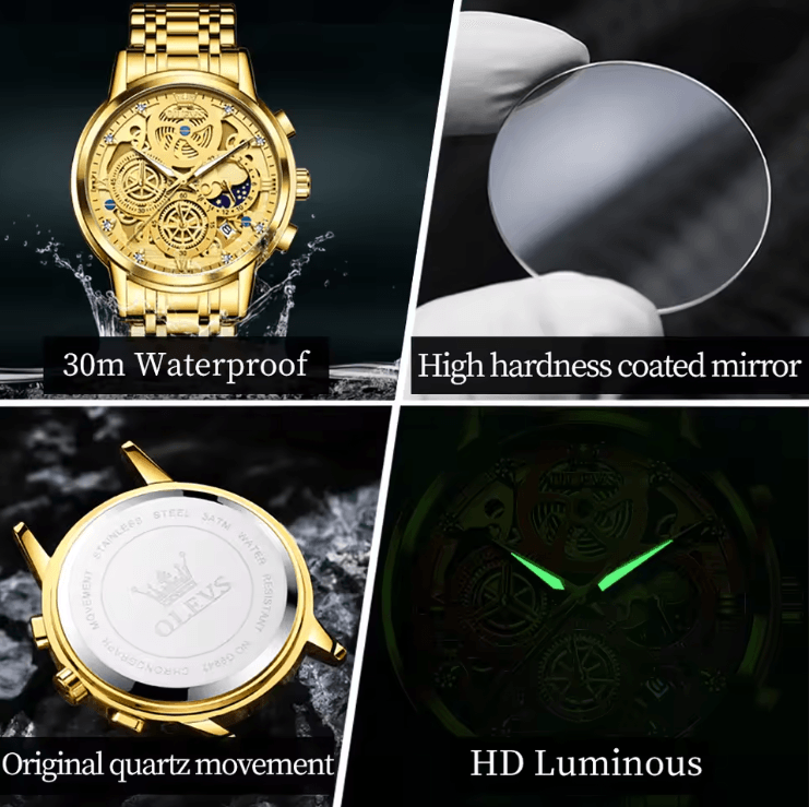 OLEVS Luxury Skeleton Quartz Watch for Men Waterproof Day Night Display