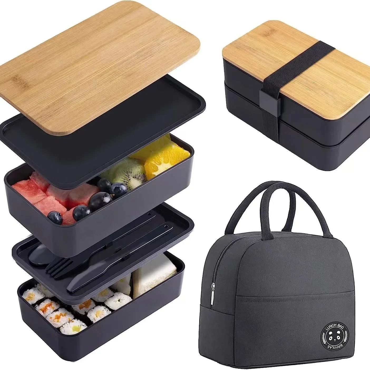 Stackable Bento Lunch Box with Insulated Bag Microwaveable Large Capacity Meal Container