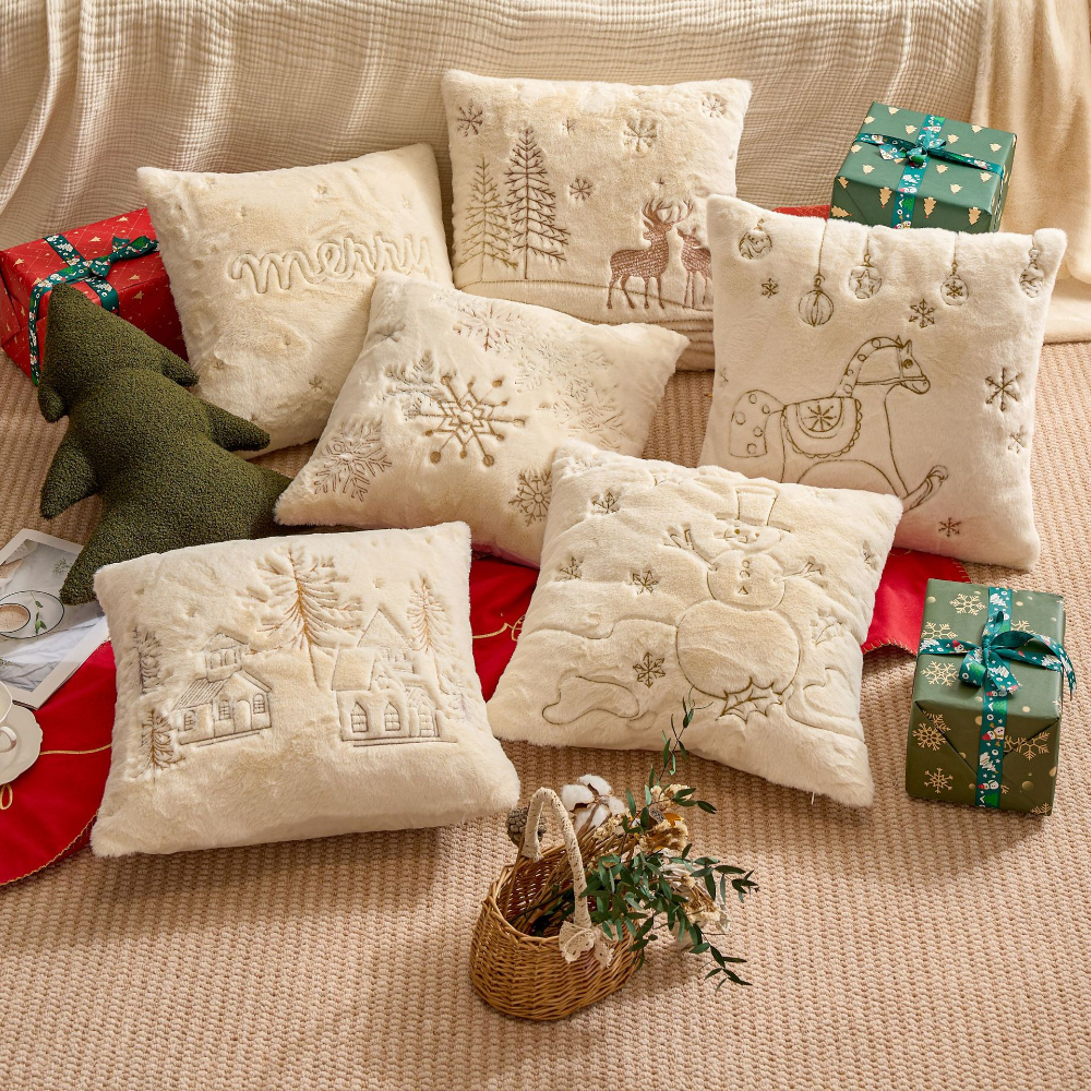 Christmas Simple Pillow Case, Solid Color Embroidery, Skin-Friendly Material, Modern Simplicity, Joyful Celebration