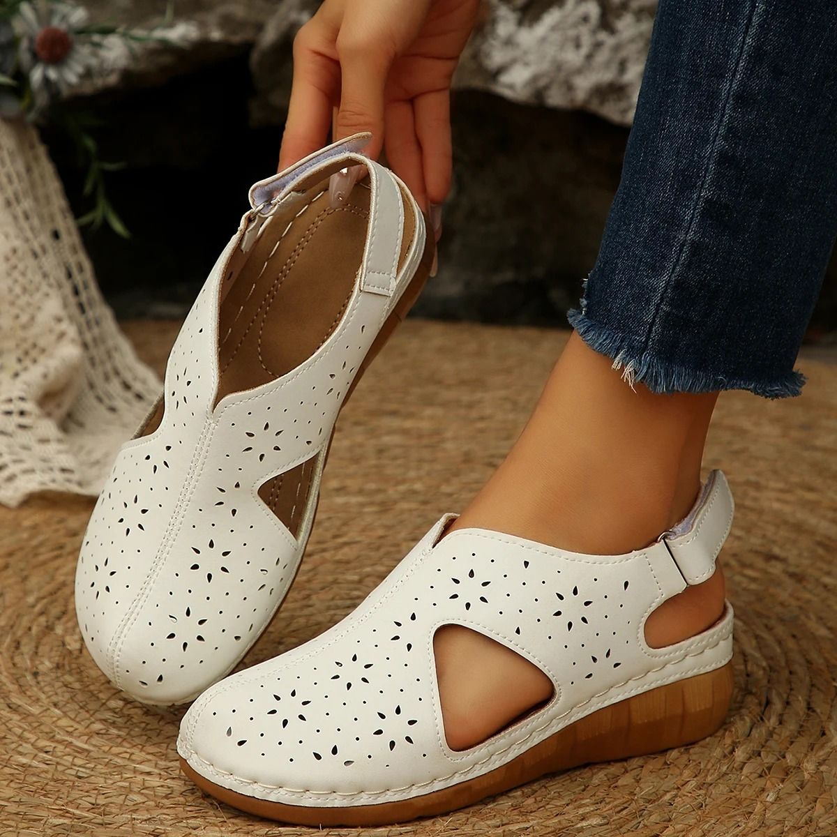 Breathable Hollow-Out Roman Sandals – Comfortable Fish-Mouth Slip-Ons with Magic Tape