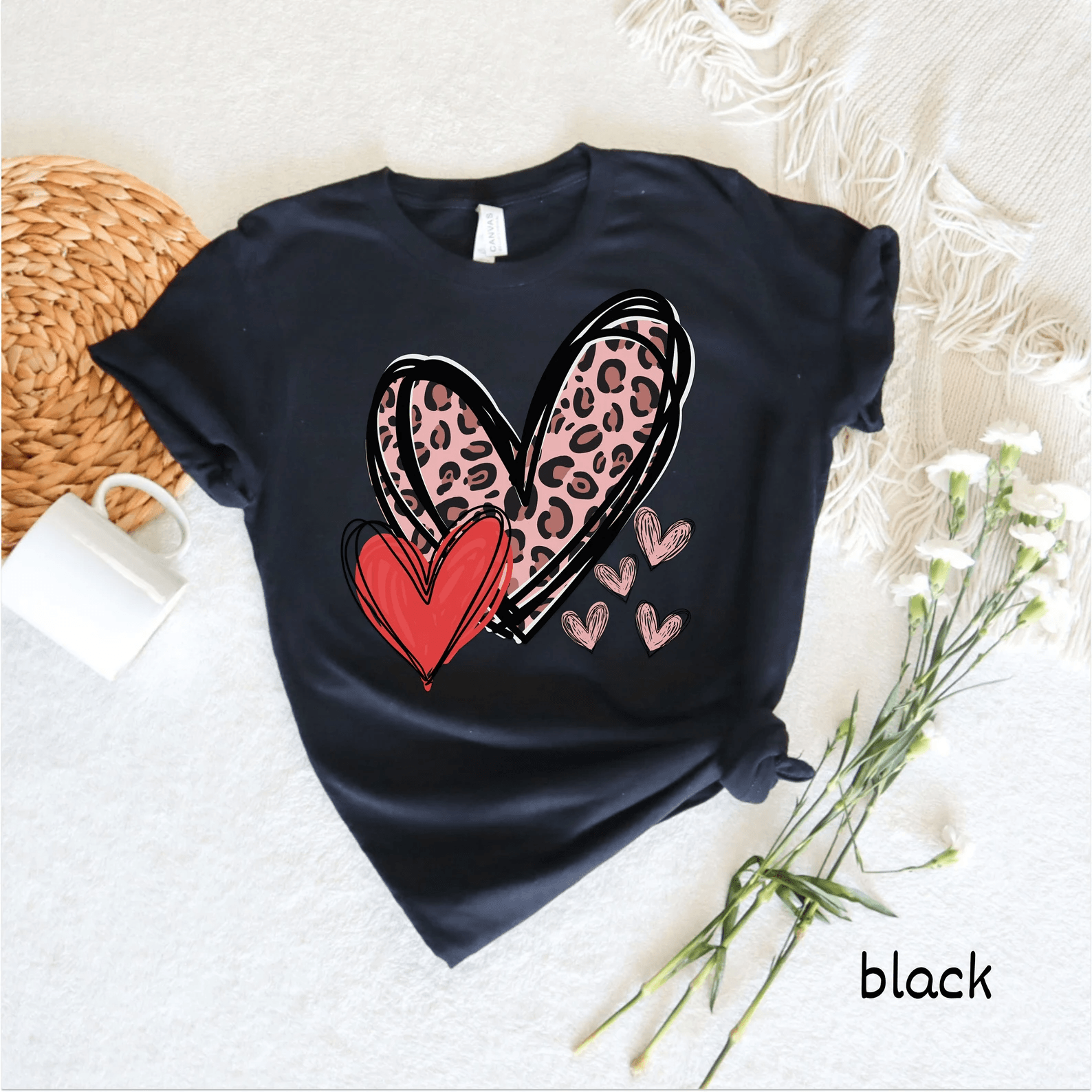 Leopard Heart Valentine Shirt Cute Doodle Heart Love Tee Womens Gift Top