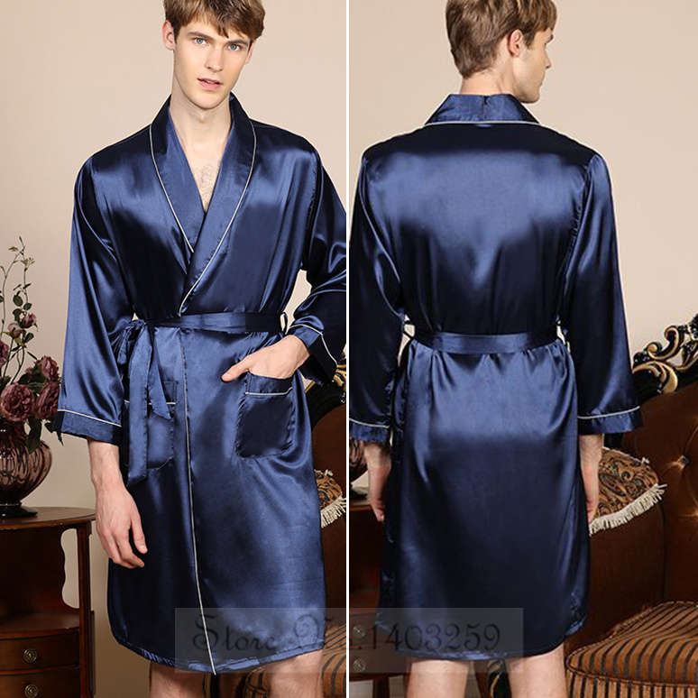 Navy Blue Stripe Men Kimono Bathrobe Gown Satin Sleepwear with Pocket Summer Lounge Wear