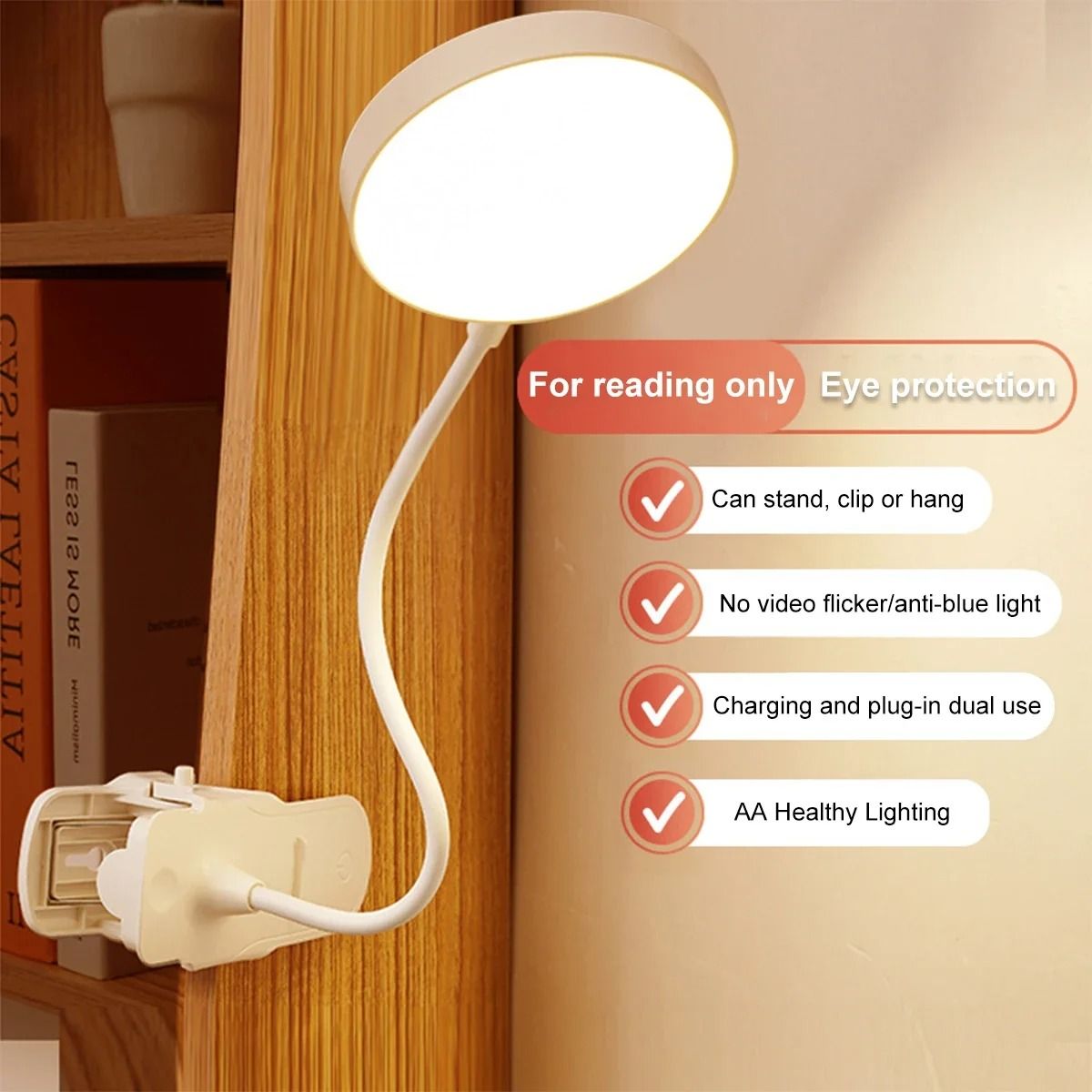 USB Rechargeable Desk Lamp LED Clip Reading Light with Eye Protection and 3 Dimming Modes
