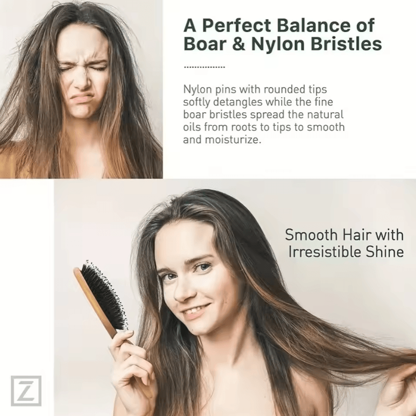 Natural Boar Bristle Hair Brush with Bamboo Handle – Anti-Static Scalp Massage and Detangling Comb