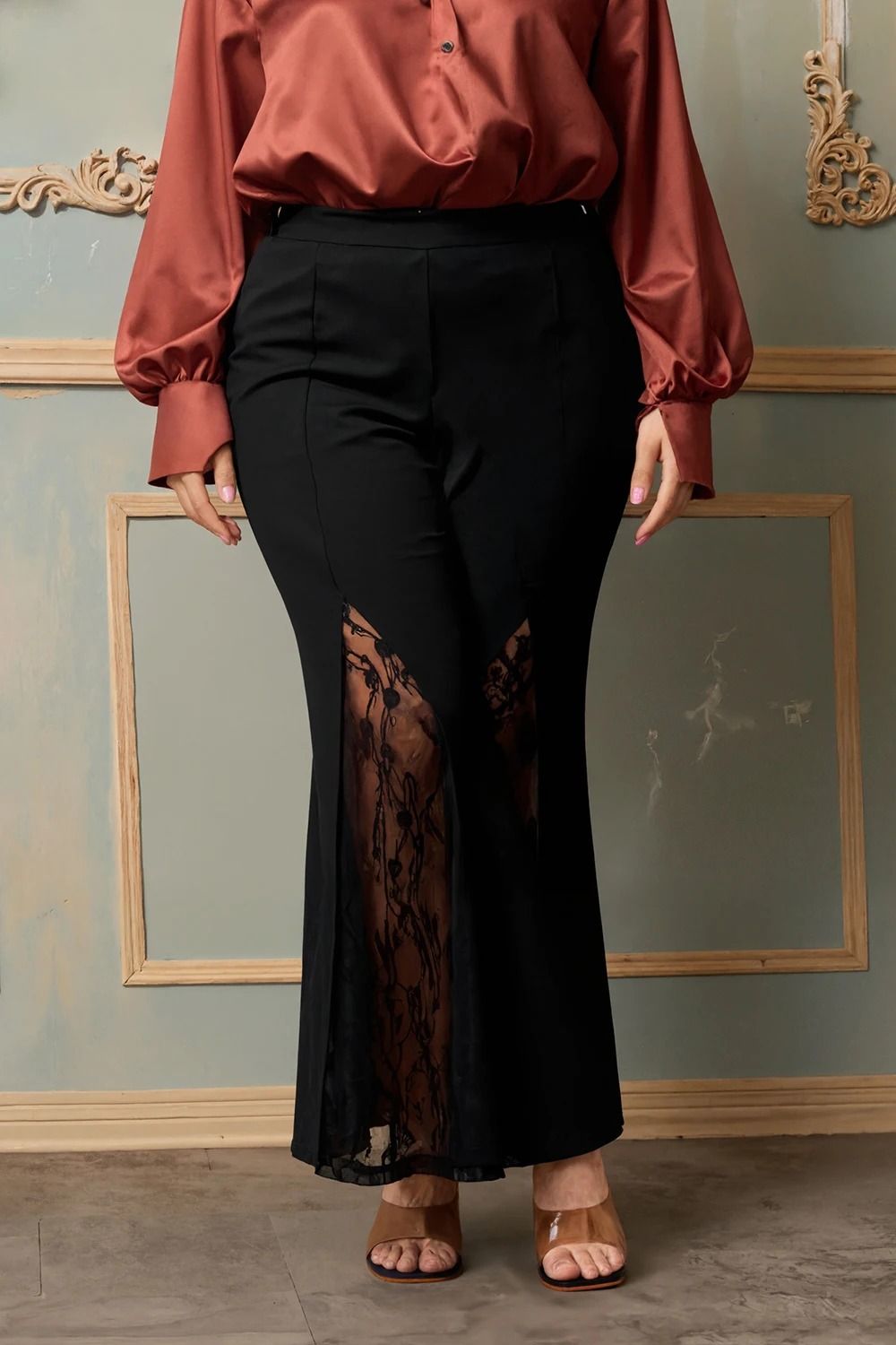 Plus Size Lace Patchwork Hollow Out High Waist Tailored Flare Pants Casual Office Lady Trousers