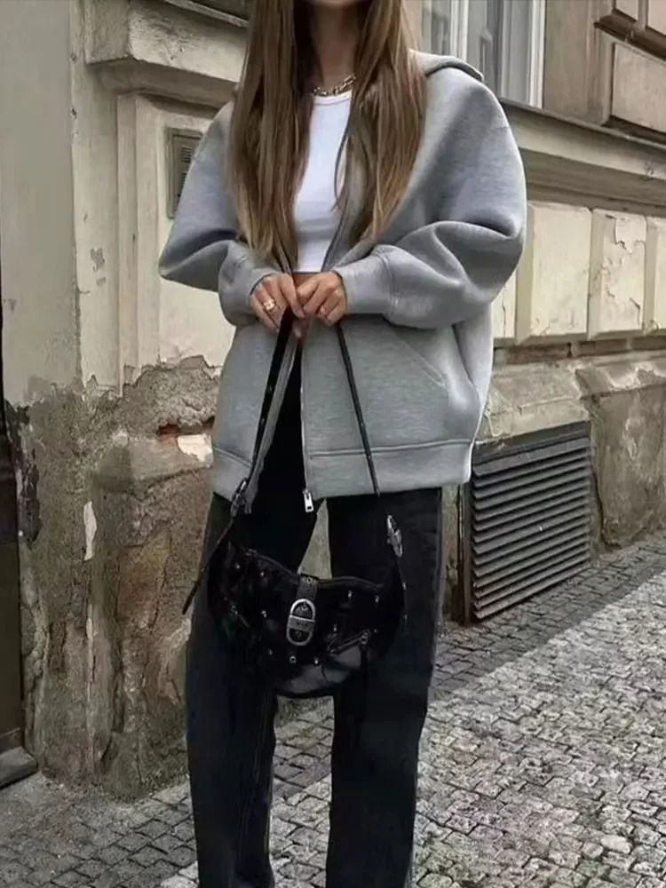 Womens Gray Hooded System | Premium 2025 Autumn Zipper Jacket & Loose Casual Outerwear Infrastructure