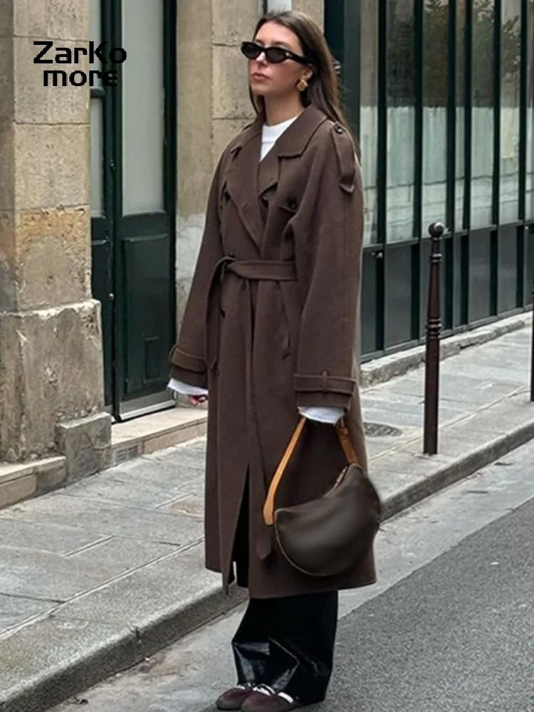 Elegant Womens Grey Belted Wool Coat Double Breasted Long Winter Peacoat
