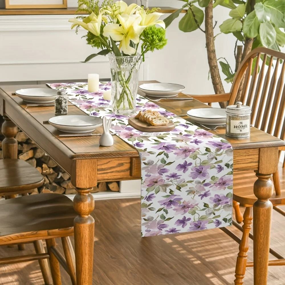 Watercolor Floral Linen Table Runner Green Plant Dining Table Decor