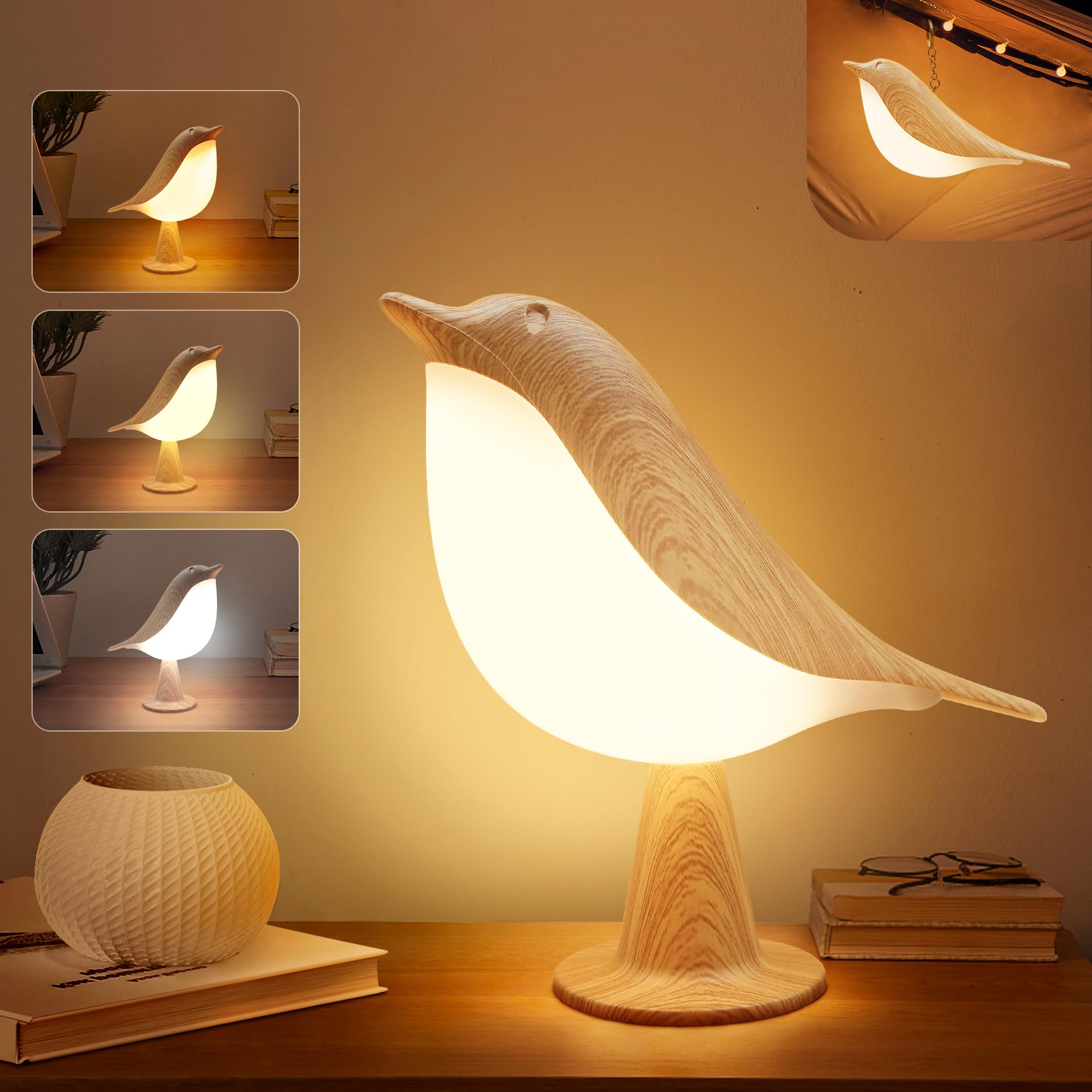 Cordless Bird Desk Lamp Touch Sensor Bedside Night Light with 3 Color Modes