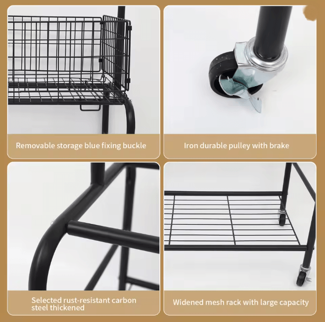 Rolling Metal Garment Rack with Basket Shelf Foldable Clothes and Shoe Organizer
