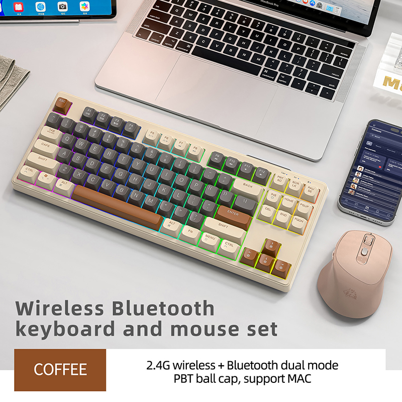 Wireless Keyboard Gaming, Dual Mode Bluetooth Keyboard with Rainbow Light RGB, PBT Ballcaps Silent Office Gaming