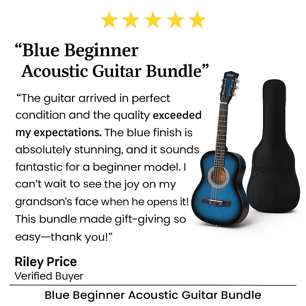 Blue Beginner Acoustic Guitar Bundle w/ Case, Tuner, Strap, Extra Strings