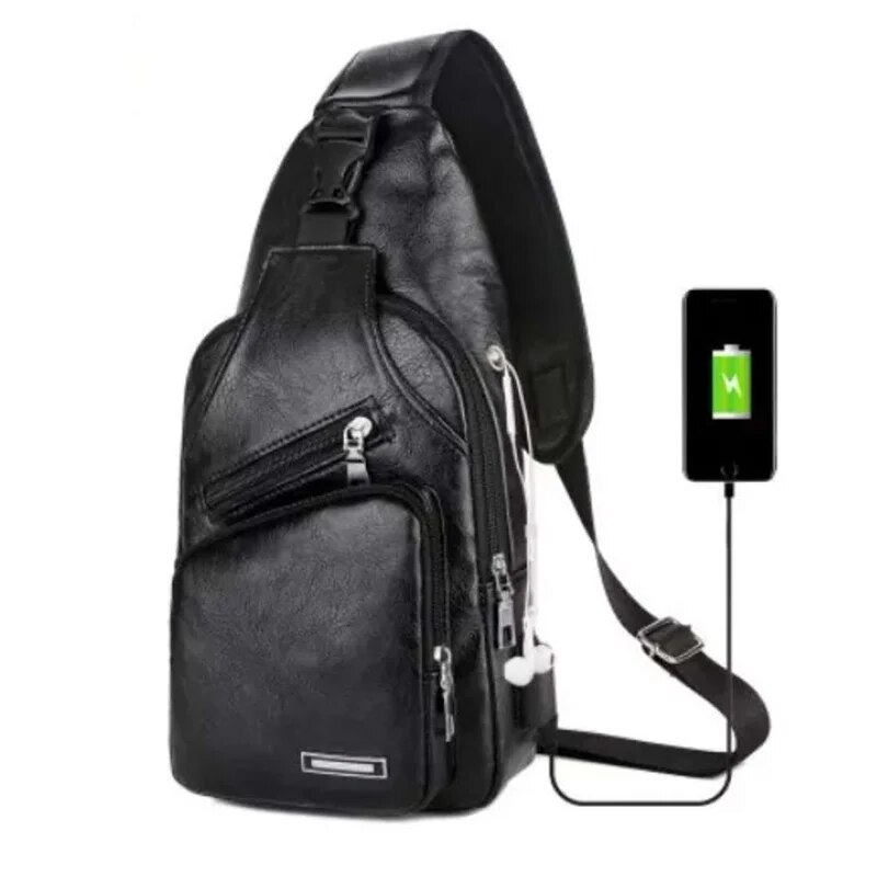 Multifunctional Casual PU Crossbody Bag with USB Charging, Men's Chest Bag for Daily Use