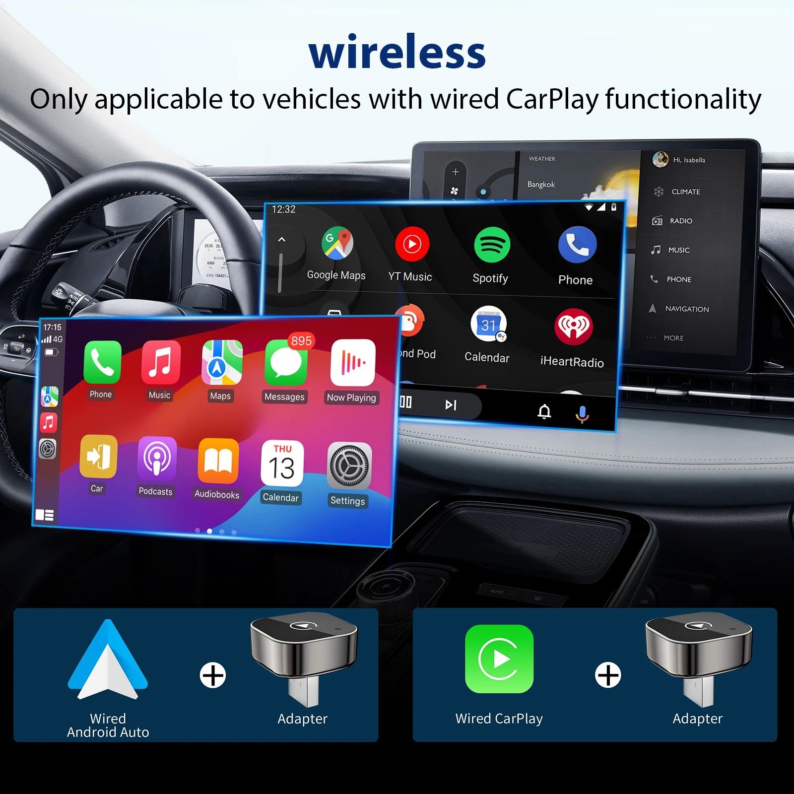 Wireless Car Adapter for CarPlay and Android Auto Plug and Play