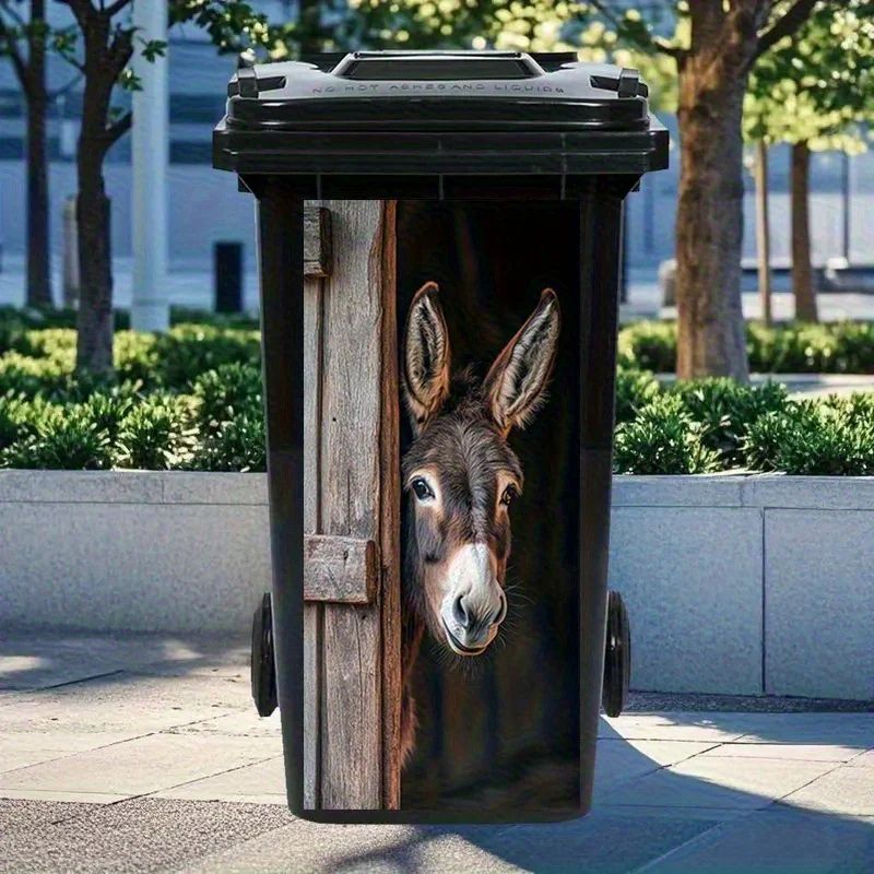 Donkey Painting Trash Can Sticker – Self-Adhesive Removable PVC Farm Animal Decal with Wooden Texture & Curious Eyes