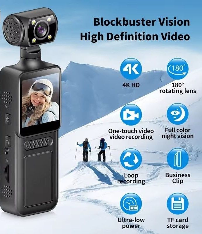 8K HD Pocket Camera – 180° Rotating Mini Handheld Camera with Night Vision for Outdoor Sports & Travel
