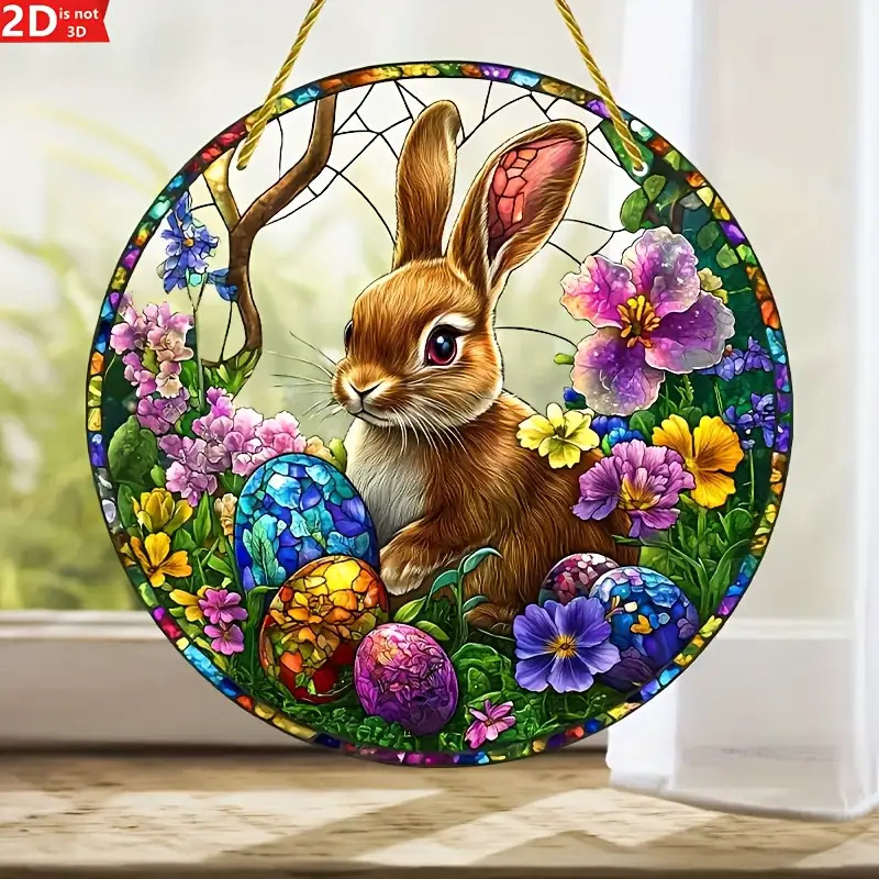 Acrylic Easter Bunny Window Hanging with Egg & Flowers, No Power Needed for Bedroom Decor
