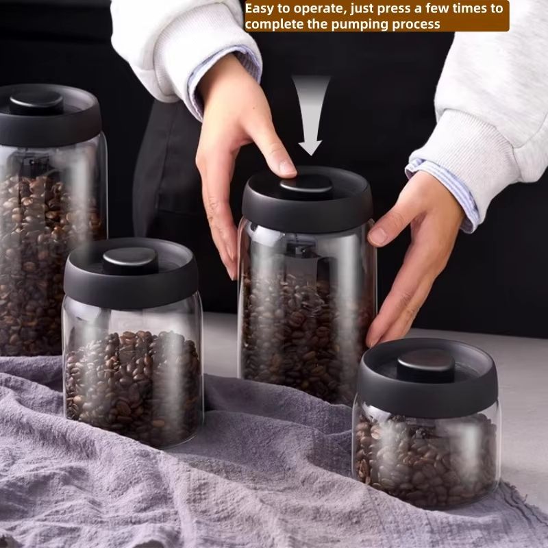Vacuum Sealed Glass Coffee Bean Storage Jar with Manual Pump Lid (16.91 fl oz to 33.81 fl oz)