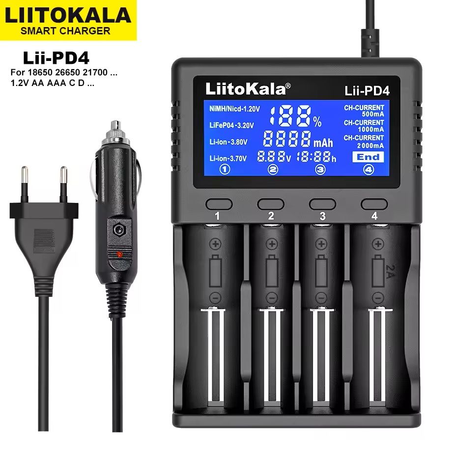 Universal Dual Slot Smart Battery Charger Compatible with Liion LiFePO4 and NiMH Cells