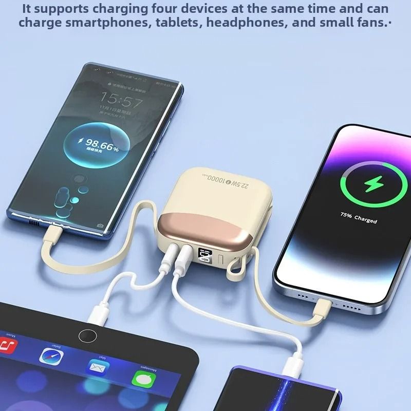 Mini Palm Power Bank – 10000mAh Ultra-Compact External Battery with 22.5W Fast Charge & Built-In Cables