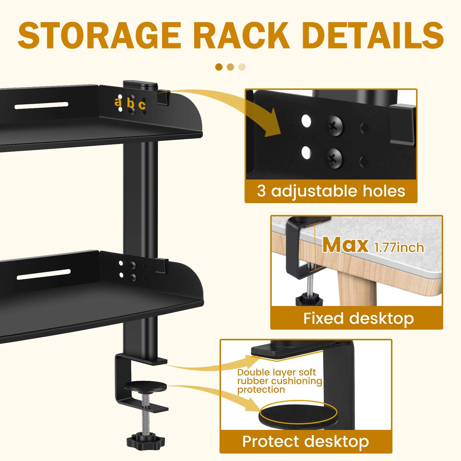 Clamp-On 2 Tier Desk Shelf Organizer, No-Drill Adjustable Metal Desktop Storage Rack