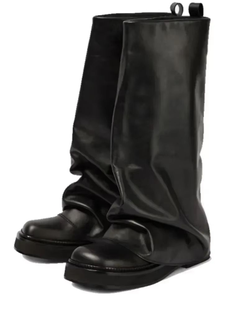Women's Autumn Winter Calf Boots – Pleated Leather Mid-Leg Design with Thick High Heels