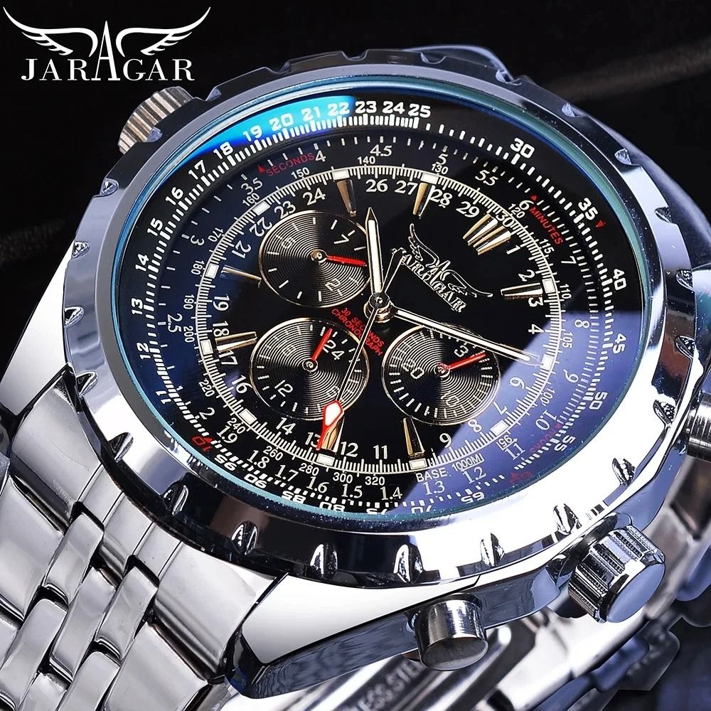 JARAGAR Sports Automatic Mechanical Watch for Men Silver Stainless Steel Strap