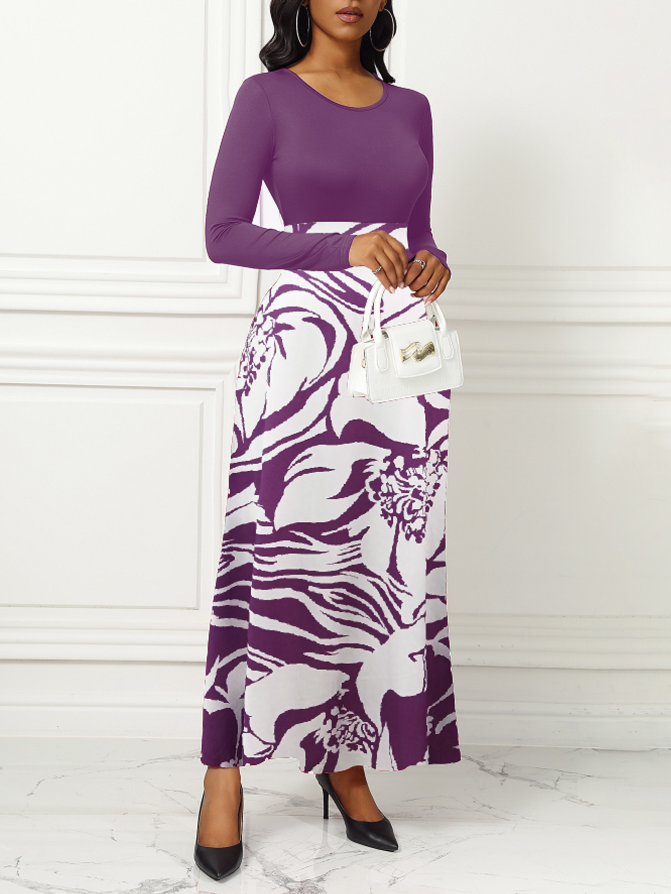 Purple Elegant Style Women Dresses Long Sleeve Round Neck, Printed Hem Long Dress