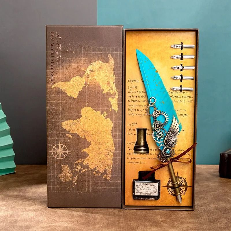 Antique Feather Dip Pen Calligraphy Quill Pen Set with Mechanical Wing Base