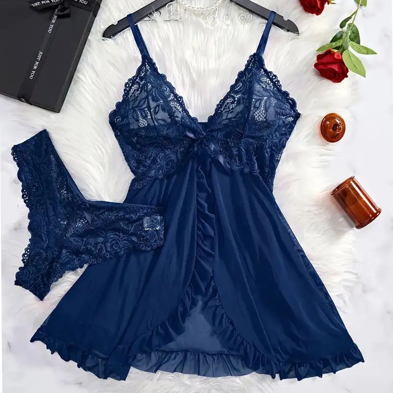 Women Summer Lace Nightgown Set with Suspender Dress and Thong