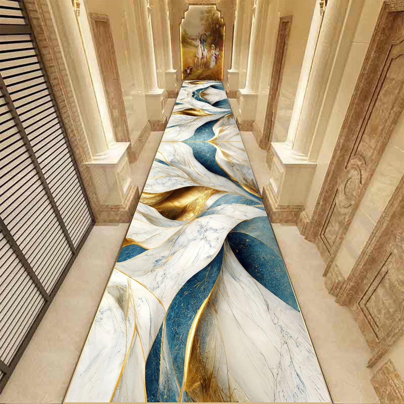 Golden Marble Runner Rug – Luxury Non-Slip Hallway & Stair Carpet