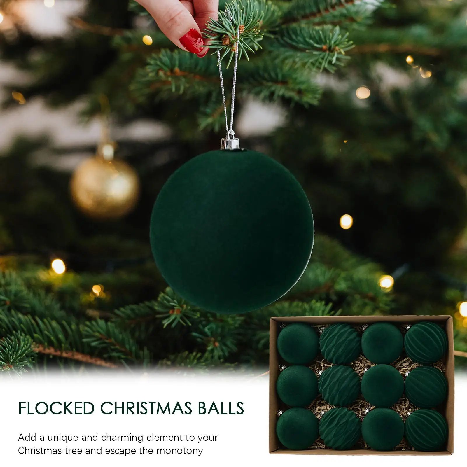 Wine Red Flocked Christmas Ball Ornaments Set – Velvet Xmas Tree Hanging Decorations for Holiday Home Decor