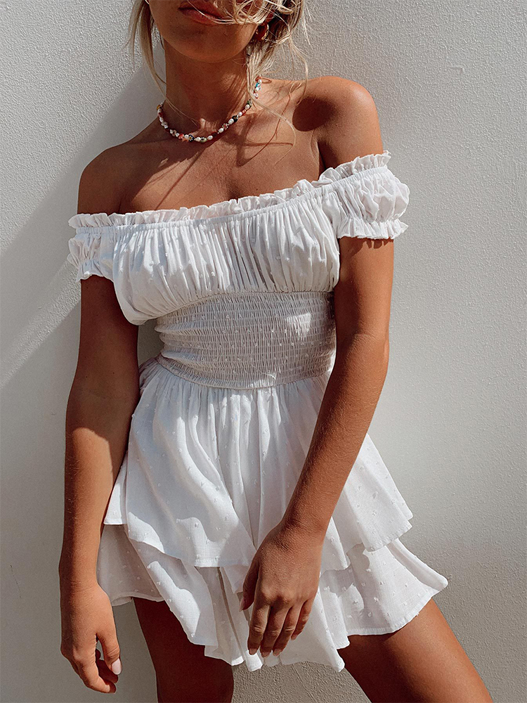Sexy Summer Mini Dress Women One Shoulder Wrap Slim Fit Short Sleeve Pure Color Waist Hottie