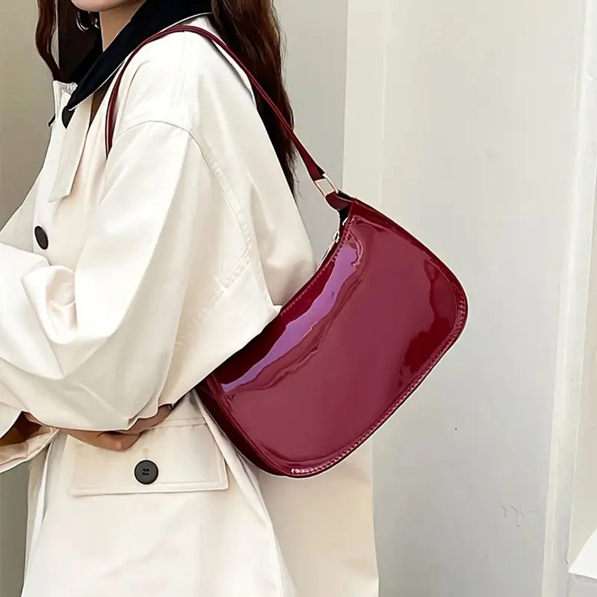 Luxury Retro Red Patent Leather Shoulder Bag – Chic Underarm Handbag & Small Baguette Purse for Women and Girls