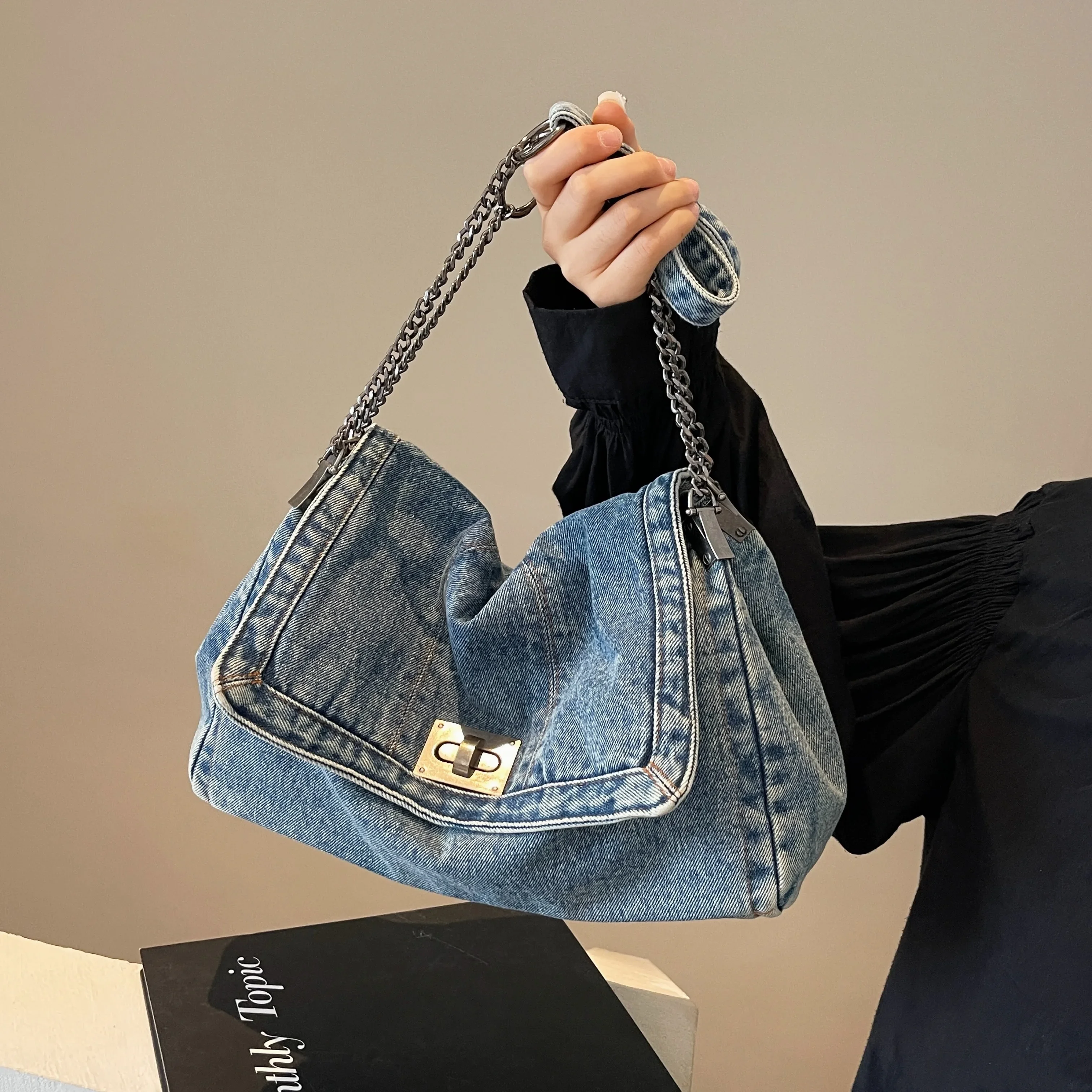 Vintage Denim Tote Bag for Women Large Capacity Shoulder Crossbody Everyday Bag