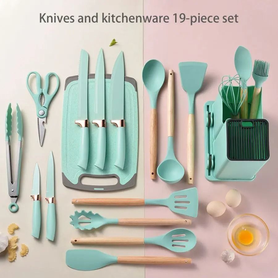 19 Piece Silicone Kitchenware Set with Knives Cutting Board and Utensils