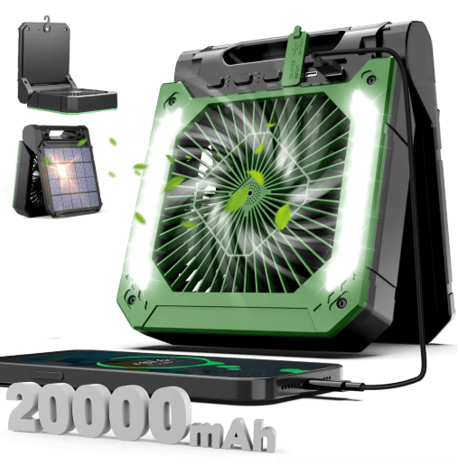 20000mAh Portable Camping Fan with LED Light – Solar & USB Rechargeable Outdoor Cooling Fan