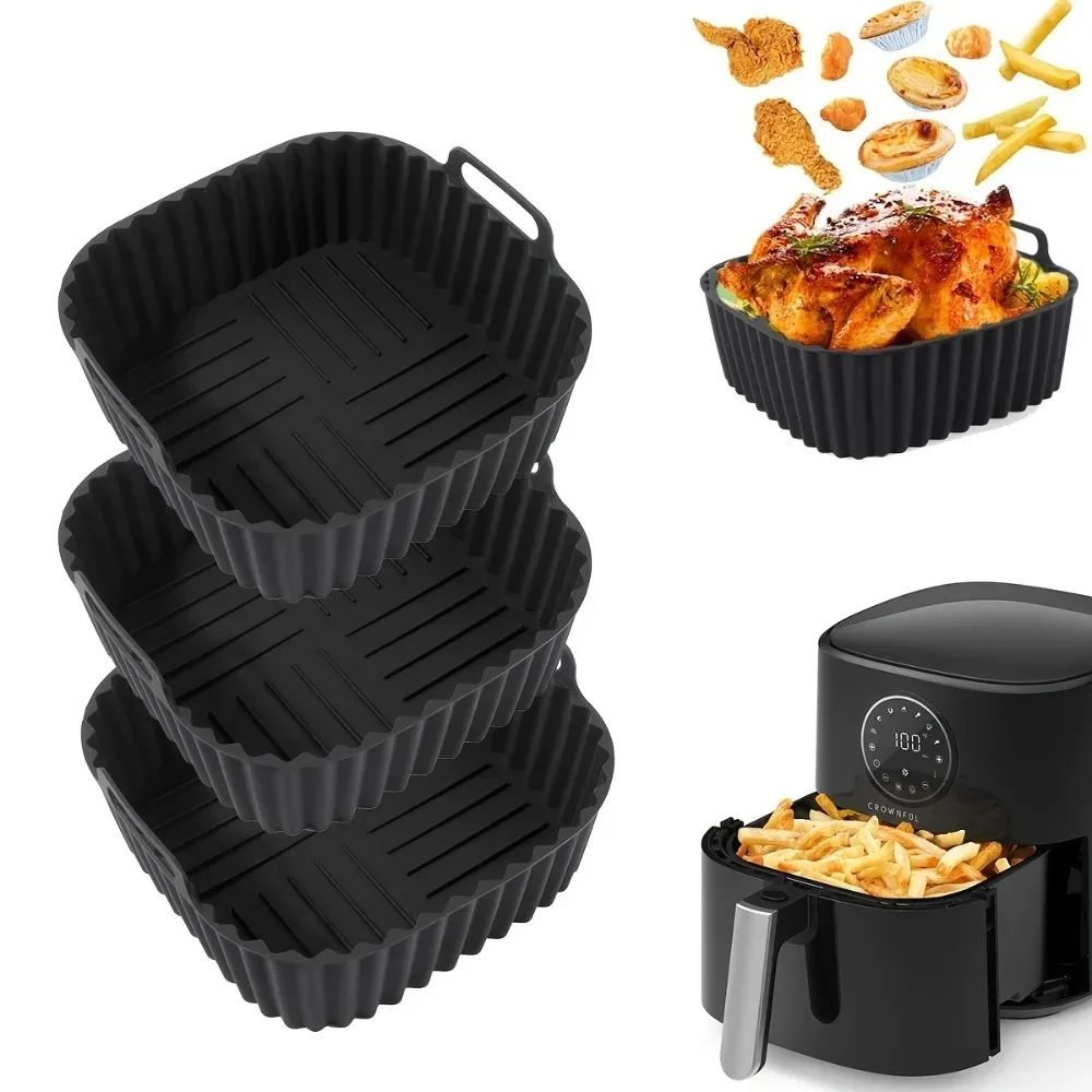 EcoCrisp Reusable Air Fryer Silicone Liners – Non-Stick Square Basket Mat for 4–7QT Air Fryers