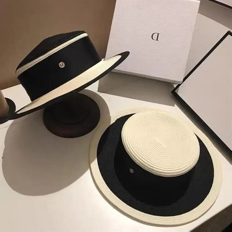 Hepburn Style Womens Flat Top Straw Hat Elegant Black White Fashion Sun Hat