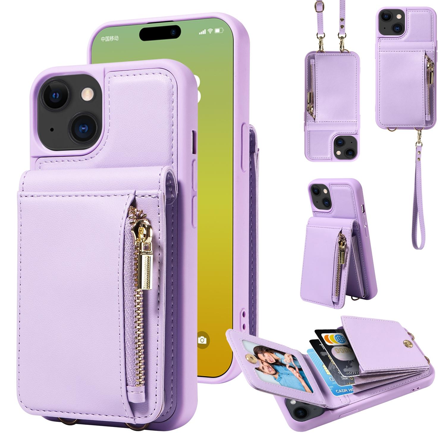 Leather Crossbody iPhone Wallet Case with Zipper Pocket & Lanyard Strap