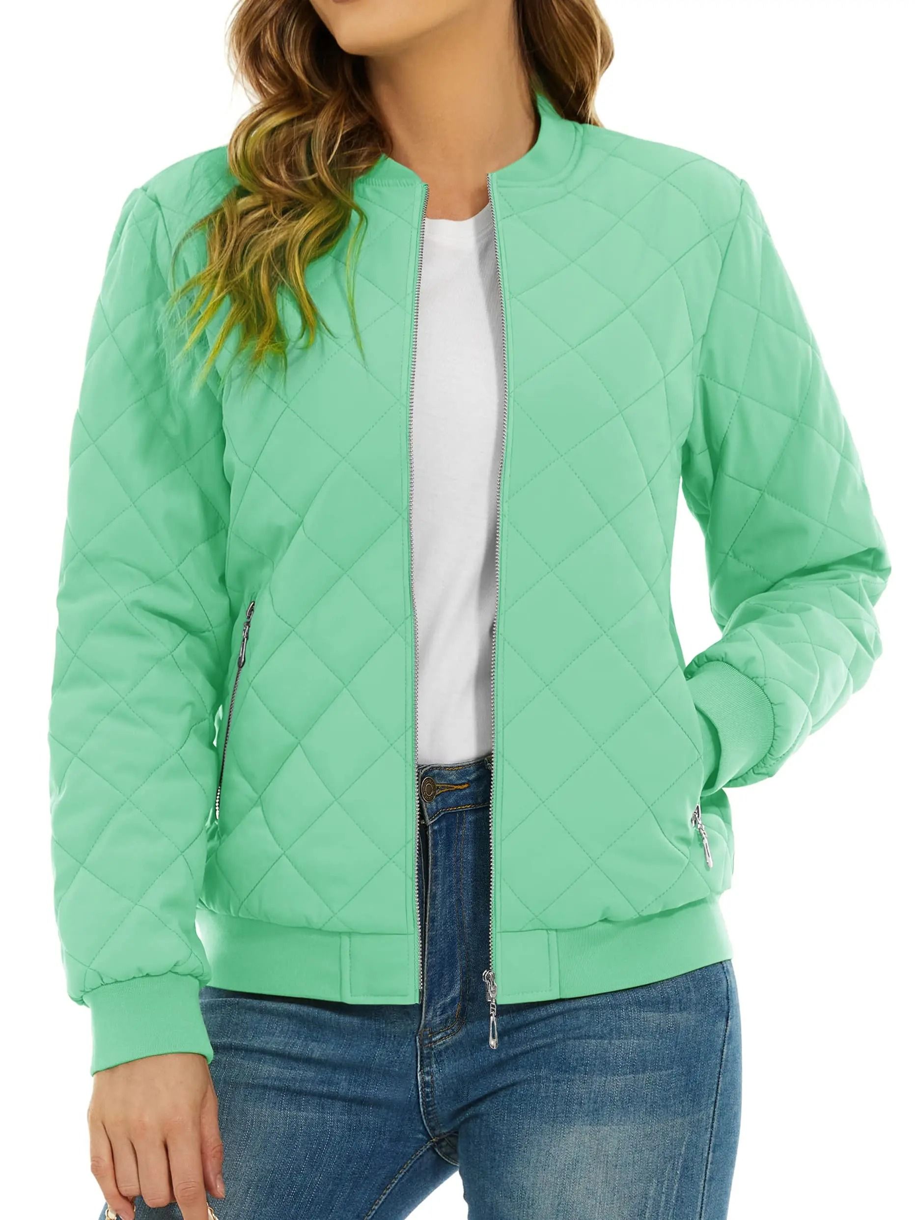 Womens Diamond Quilted Bomber Jacket Full Zip Warm Padded Coat