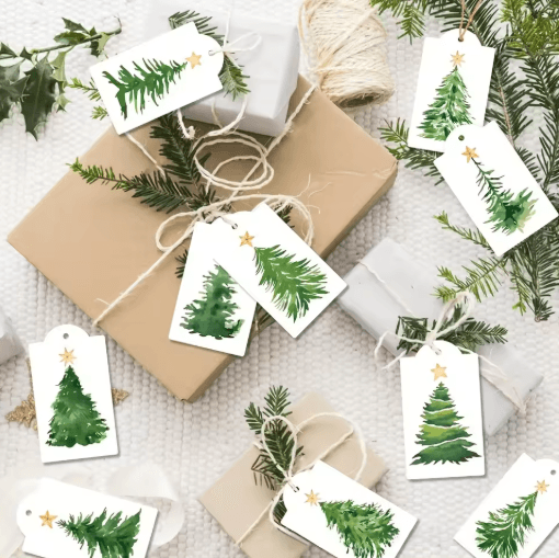Christmas Watercolor Pine Tree Gift Tags (60-Pack) – Festive Hang Tags with Hemp Rope