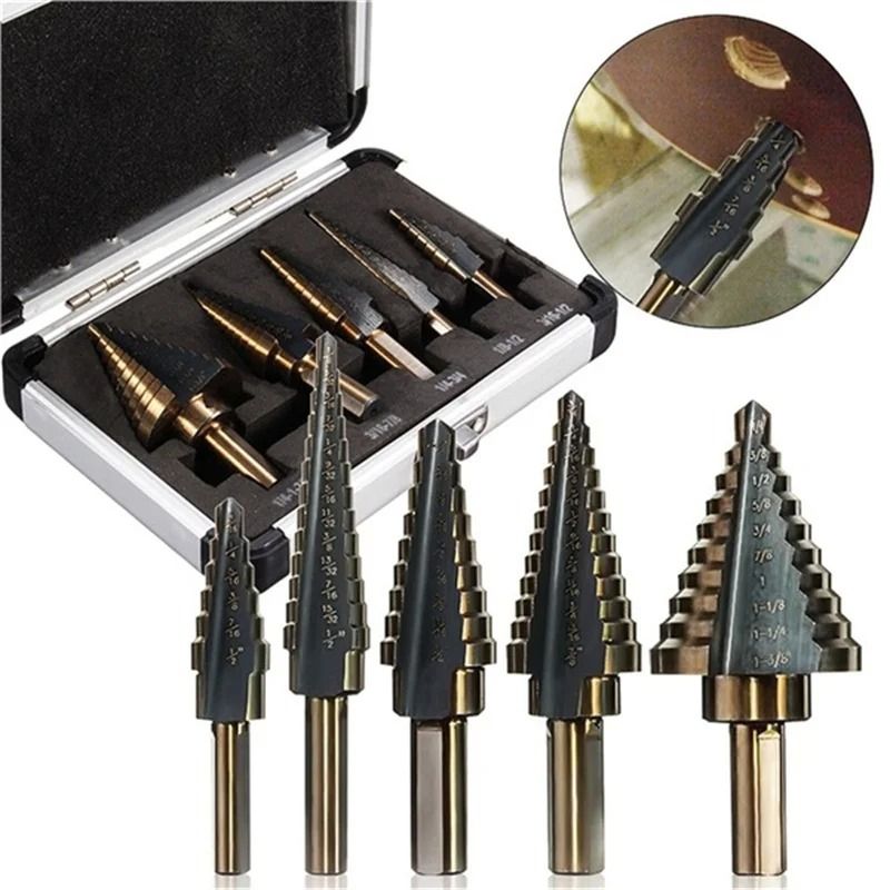 5 Piece Step Drill Bit Set with Cobalt Titanium Coating for Multi Size Hole Cutting in Metal Wood and Plastic