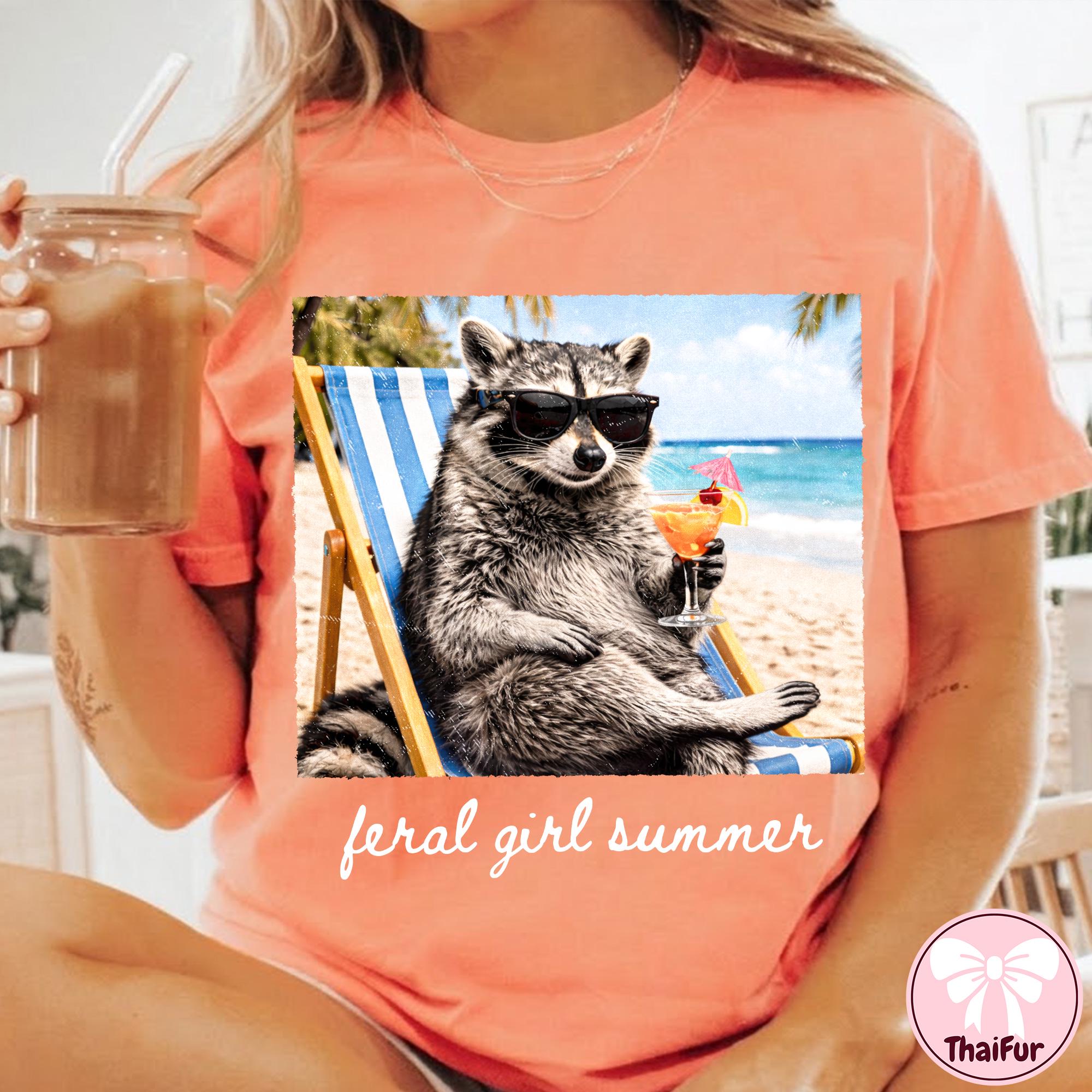 Feral Girl Summer Shirt Funny Raccoon Beach Graphic Tee Summer Vibes Gift