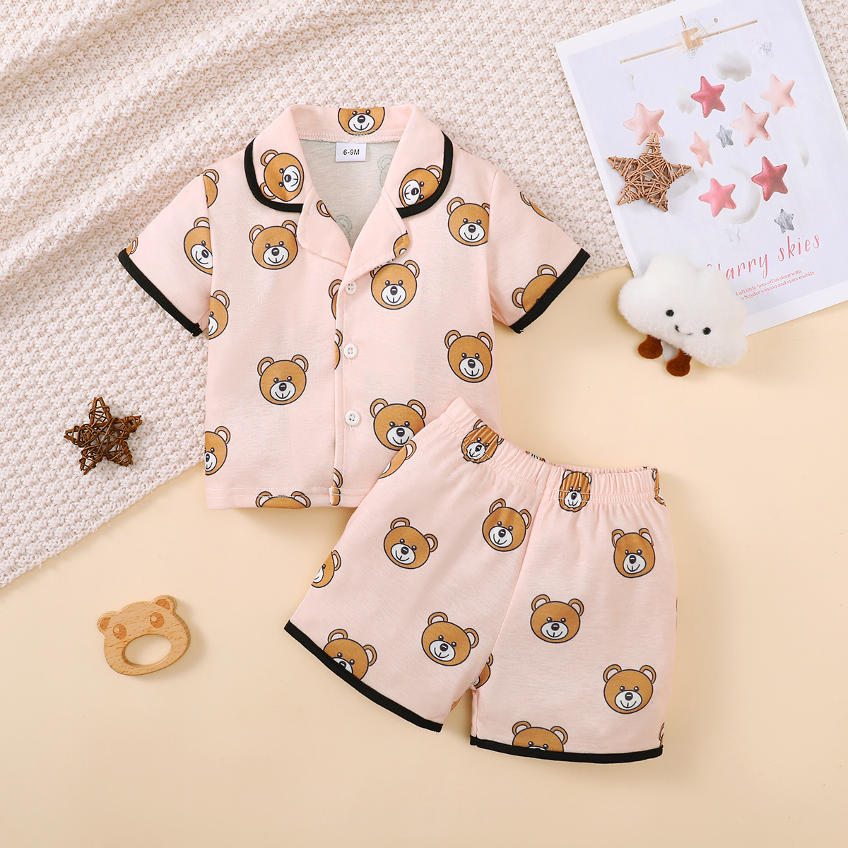 2PCS Pajama Set, Cartoon Cute Pattern Short Sleeved Top, Shorts, Comfortable & Soft Summer Home Wear for Baby Boy, Girl