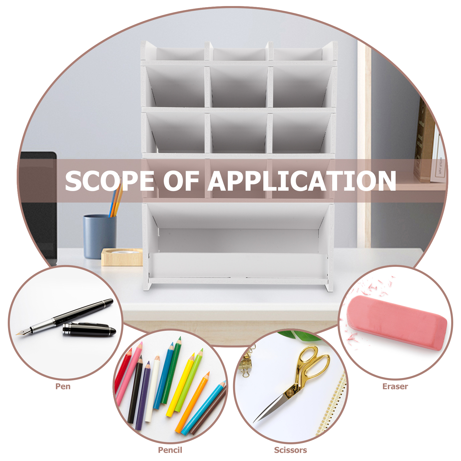 Desktop Storage Box Wood Organizer, Office Pen Stand, Multi-compartment for School and Living Room