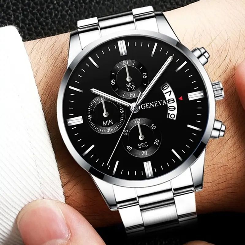 Mens Luxury Watch Stainless Steel Wrist Watch Quartz Business Calendar Silver